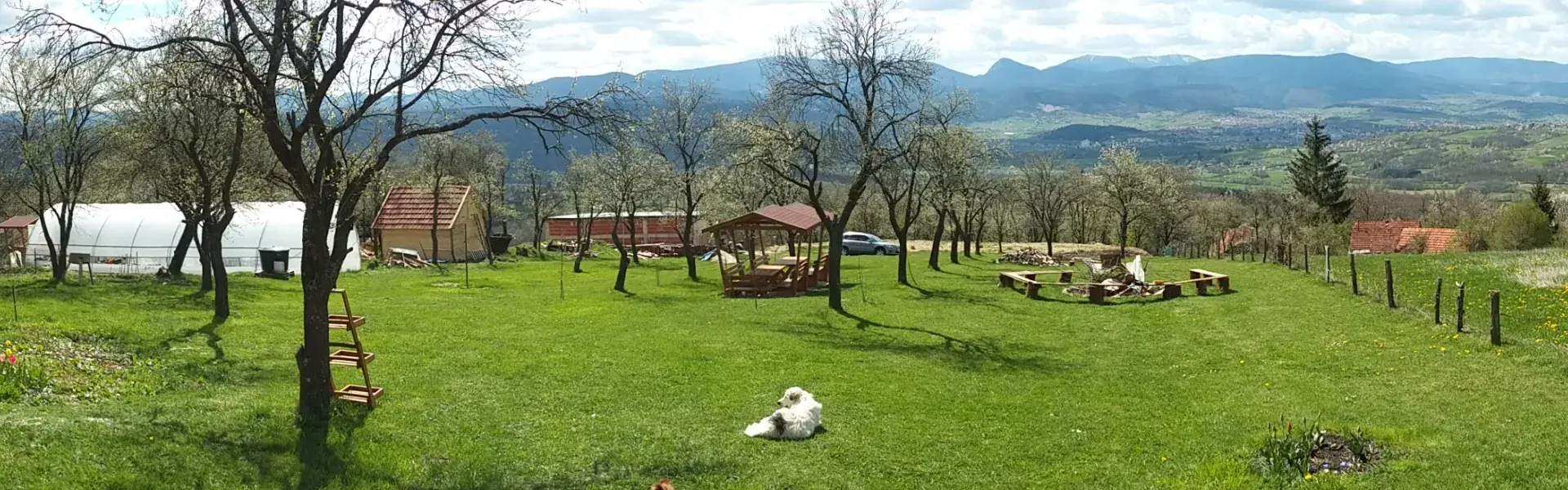 Panorama von Grünem Garten mit Ausblick in die Weite
